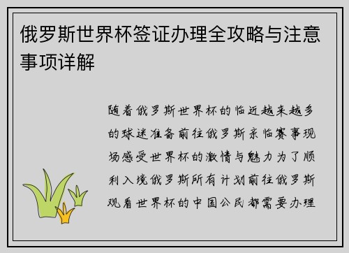 俄罗斯世界杯签证办理全攻略与注意事项详解